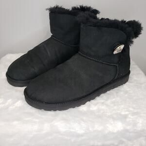 UGG Mini Bailey Button Bling Boots Black Suede Swarovski Womens Size 9